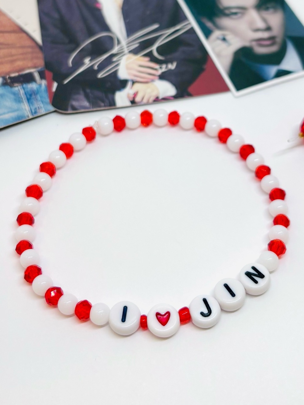 (6pcs) BTS JIN BEADED BRACELET KEYCHAIN PHOTOCARDS STICKERS BUNDLE - Picture 6 of 8